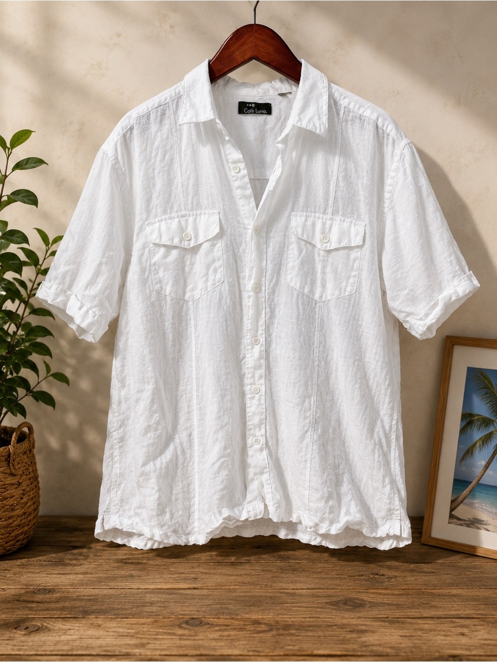 Café Luna White Linen Button Down Shirt Short Sleeve fits M